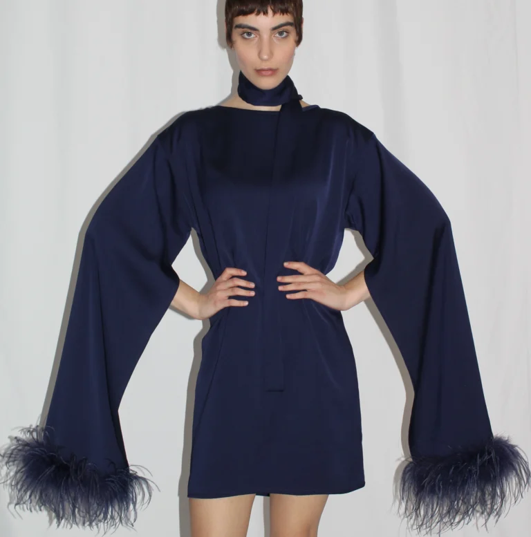 ARTOS DARK BLUE OSTRICH FEATHER SLEEVES HANDS MINI WOMAN WOMEN CREPE SATIN IL MOMENTO